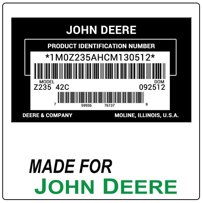 examples of what John Deere model tags usually look like and a large John Deere logo
