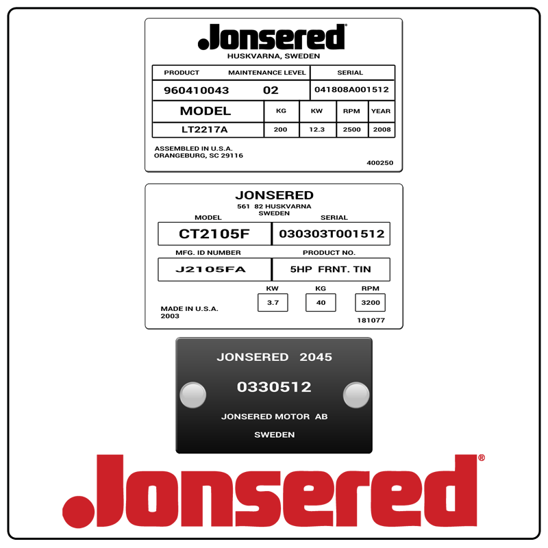examples of what Jonsered model tags usually look like and a large Jonsered logo