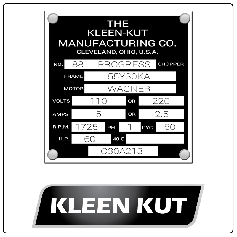examples of what Kleen Kut model tags usually look like and a large Kleen Kut logo