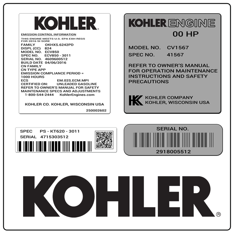 examples of what Kohler model tags usually look like and a large Kohler logo