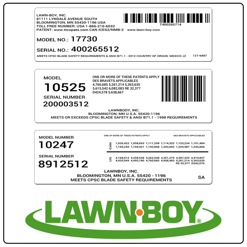 examples of what Lawn-Boy model tags usually look like and a large Lawn-Boy logo
