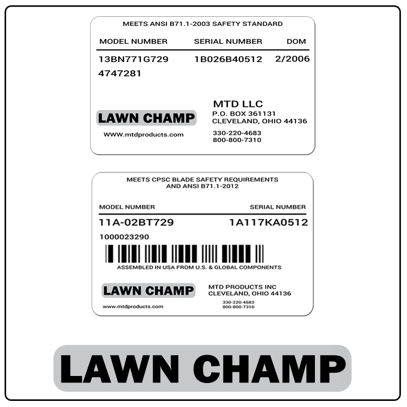 examples of what Lawn Champ model tags usually look like and a large Lawn Champ logo