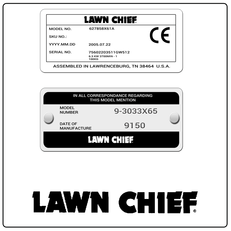 examples of what Lawn Chief model tags usually look like and a large Lawn Chief logo