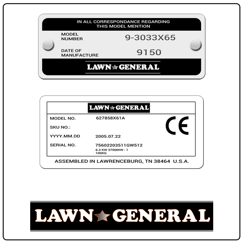 examples of what Lawn General model tags usually look like and a large Lawn General logo