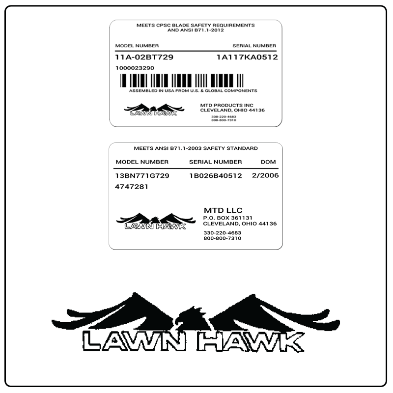 examples of what Lawn Hawk model tags usually look like and a large Lawn Hawk logo