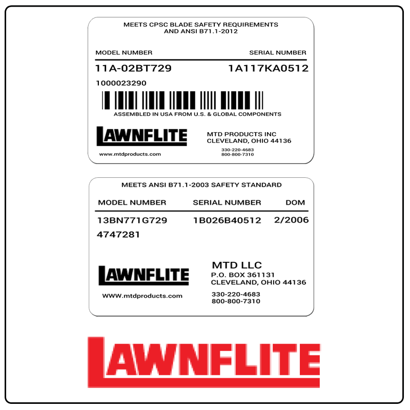 examples of what Lawnflite model tags usually look like and a large Lawnflite logo