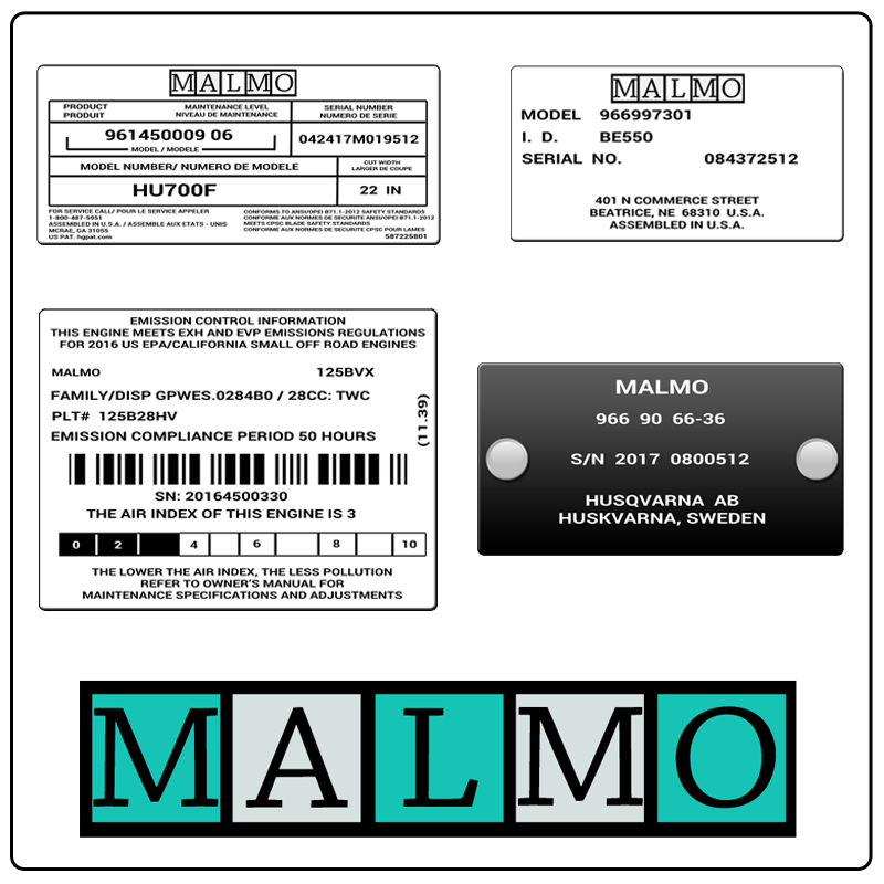examples of what Malmo model tags usually look like and a large Malmo logo