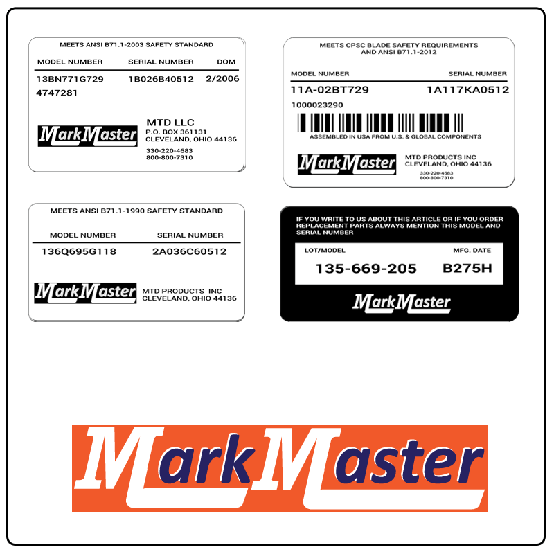 examples of what Mark Master model tags usually look like and a large Mark Master logo