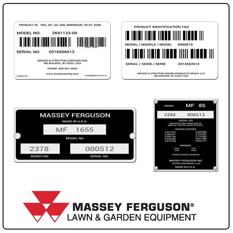 examples of what Massey Ferguson model tags usually look like and a large Massey Ferguson logo