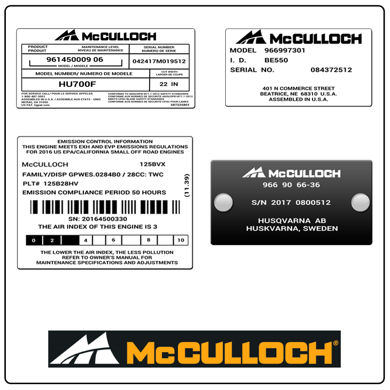 examples of what McCulloch model tags usually look like and a large McCulloch logo