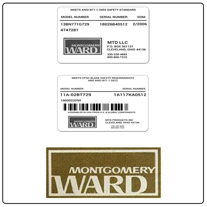 examples of what Montgomery Ward model tags usually look like and a large Montgomery Ward logo