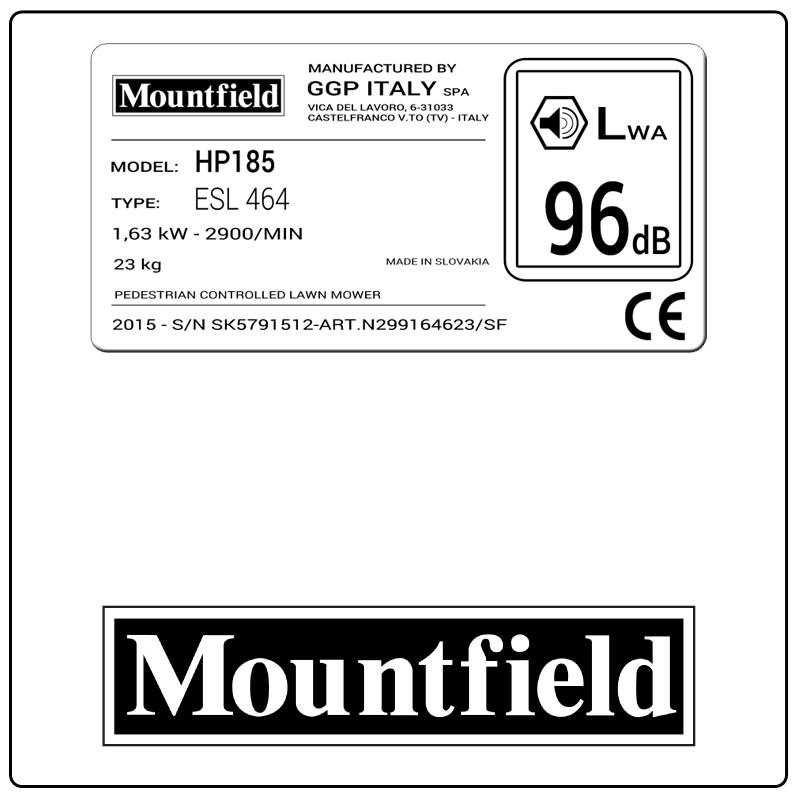 examples of what Mountfield model tags usually look like and a large Mountfield logo