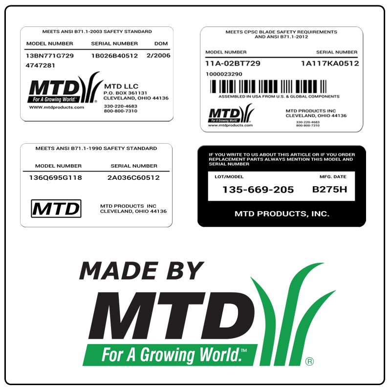examples of what MTD model tags usually look like and a large MTD logo