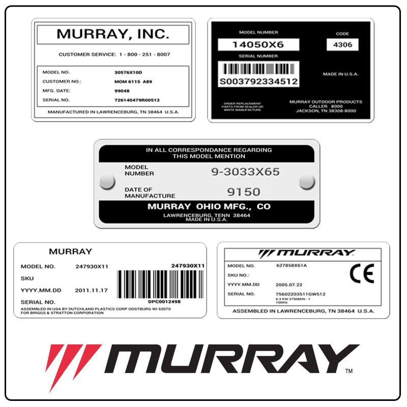 examples of what Murray model tags usually look like and a large Murray logo