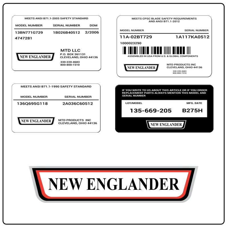 examples of what New Englander model tags usually look like and a large New Englander logo