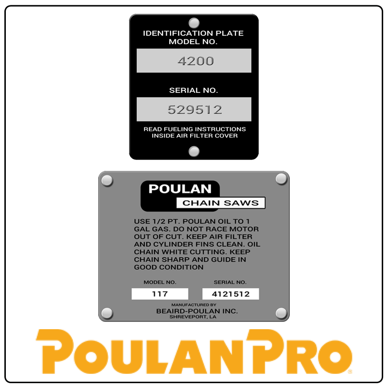 examples of what Poulan Pro model tags usually look like and a large Poulan Pro logo