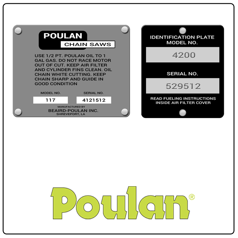 examples of what Poulan model tags usually look like and a large Poulan logo