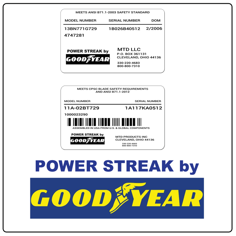 examples of what Power Streak model tags usually look like and a large Power Streak logo