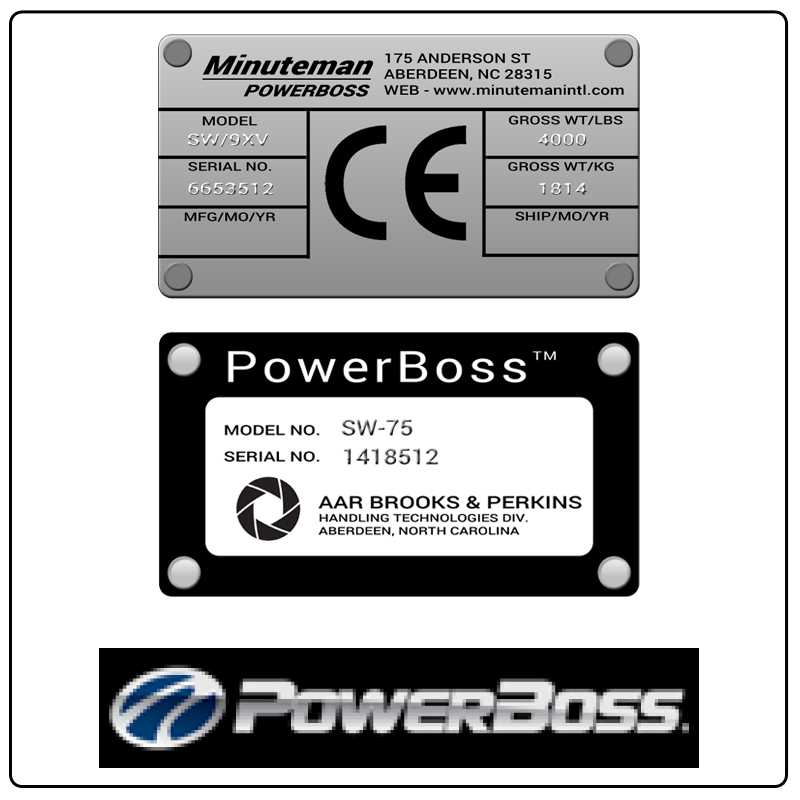 examples of what PowerBoss model tags usually look like and a large PowerBoss logo