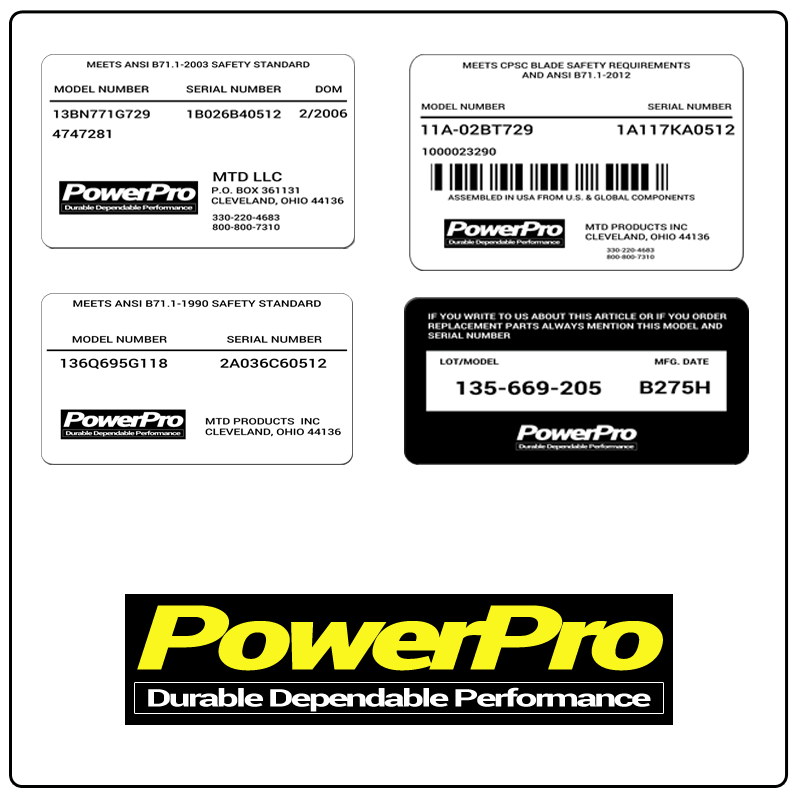 examples of what PowerPro model tags usually look like and a large PowerPro logo