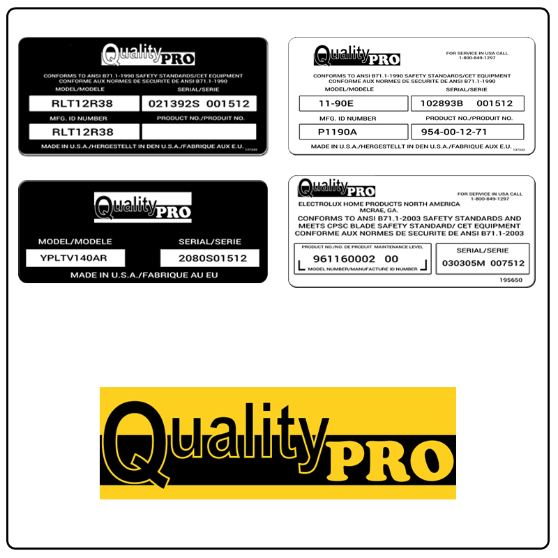 examples of what Quality Pro model tags usually look like and a large Quality Pro logo
