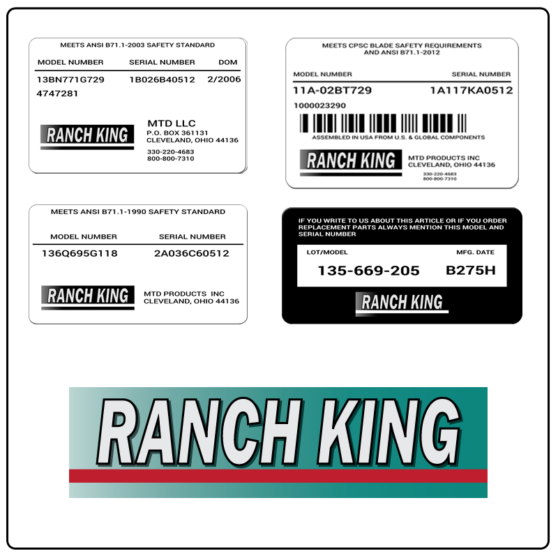 examples of what Ranch King model tags usually look like and a large Ranch King logo