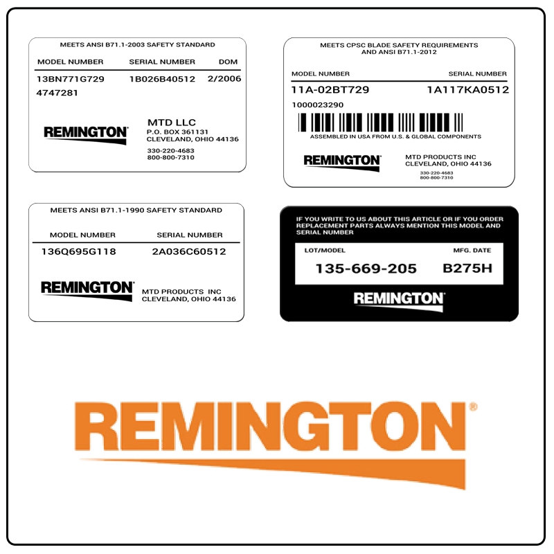 examples of what Remington model tags usually look like and a large Remington logo