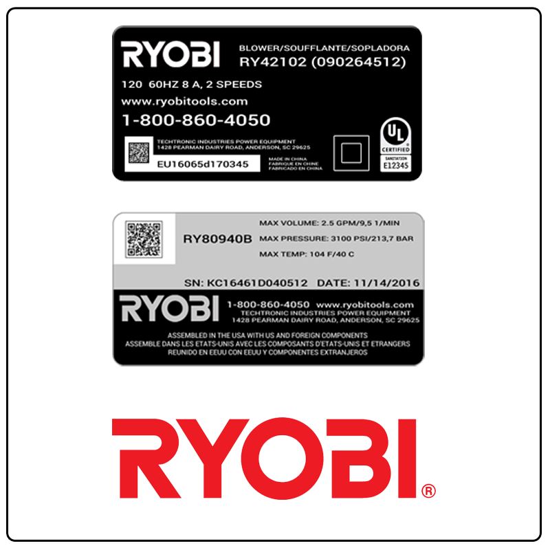 examples of what Ryobi model tags usually look like and a large Ryobi logo