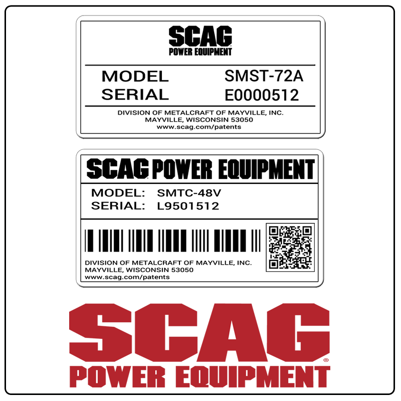 examples of what Scag model tags usually look like and a large Scag logo