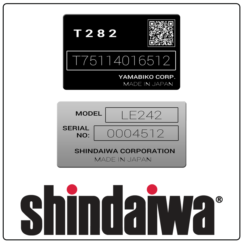 examples of what Shindaiwa model tags usually look like and a large Shindaiwa logo