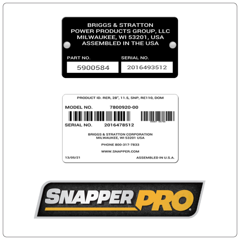 examples of what Snapper Pro model tags usually look like and a large Snapper Pro logo
