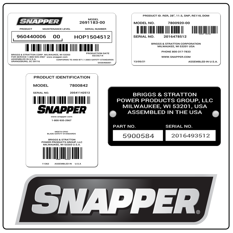 examples of what Snapper model tags usually look like and a large Snapper logo