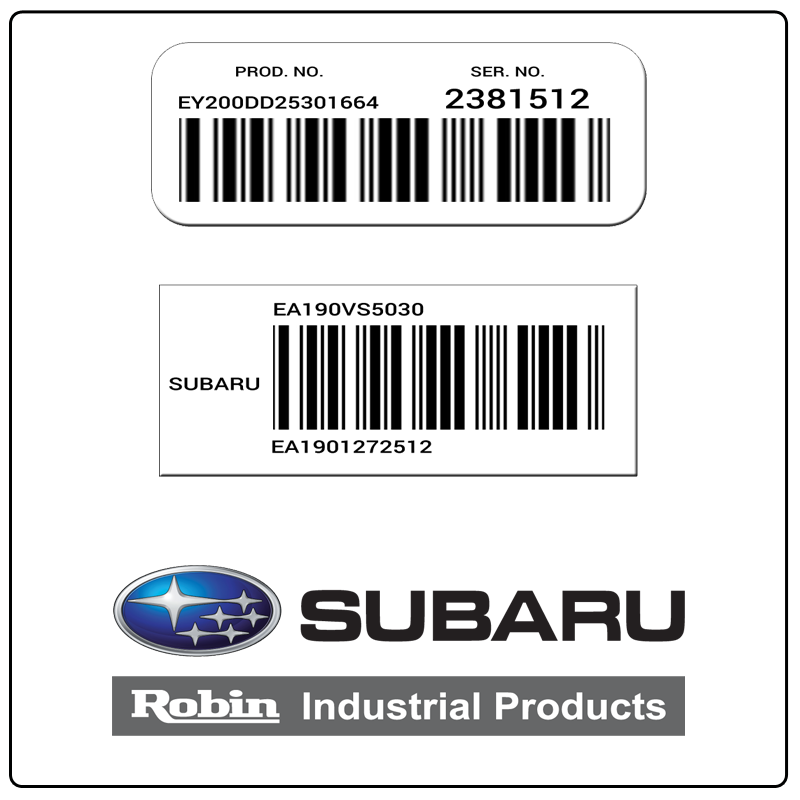 examples of what Subaru Robin model tags usually look like and a large Subaru Robin logo