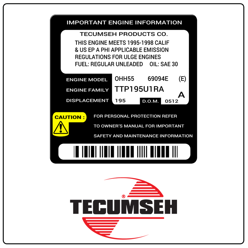 examples of what Tecumseh model tags usually look like and a large Tecumseh logo