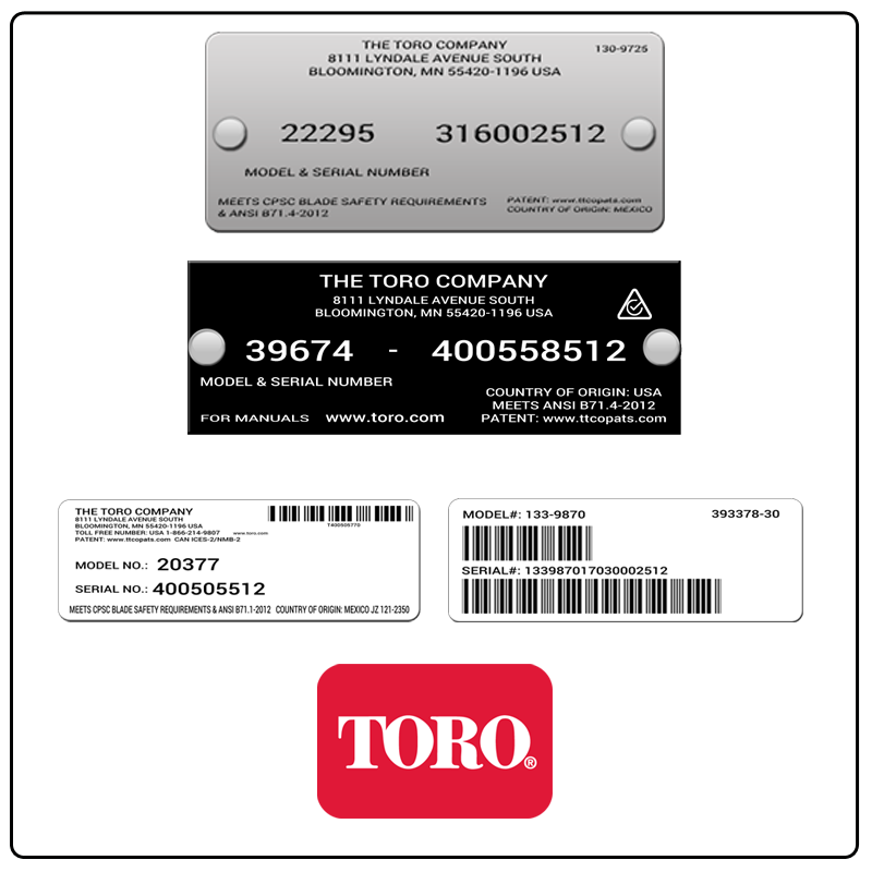 examples of what Toro model tags usually look like and a large Toro logo