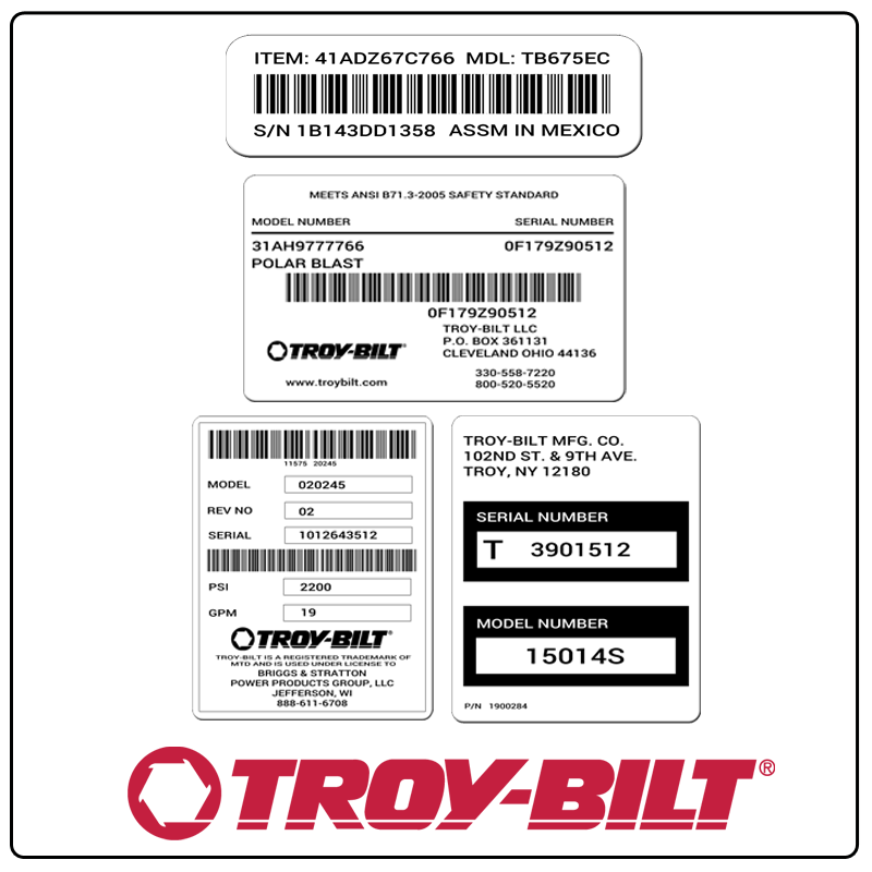 examples of what Troy-Bilt model tags usually look like and a large Troy-Bilt logo