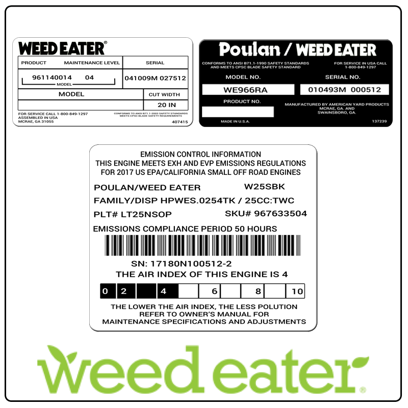 examples of what Weed Eater model tags usually look like and a large Weed Eater logo