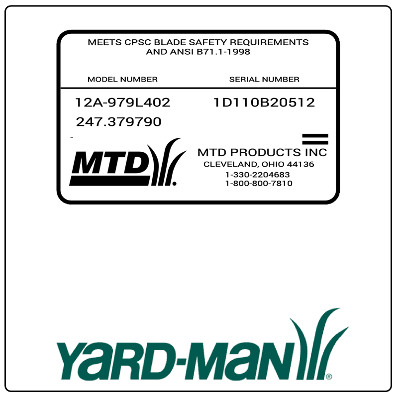 examples of what Yard-Man model tags usually look like and a large Yard-Man logo