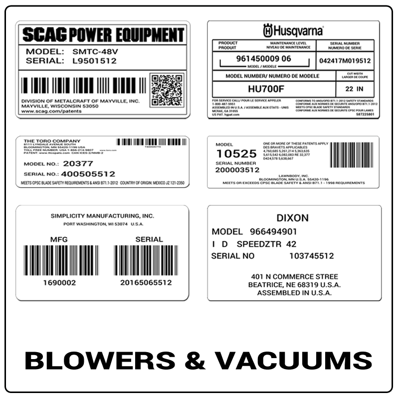 examples of what Blowers & Vacuums model tags usually look like and a large Blowers & Vacuums logo