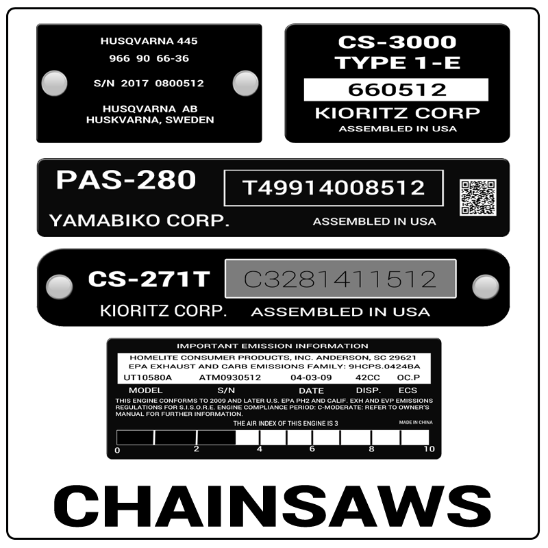 examples of what Chainsaws model tags usually look like and a large Chainsaws logo