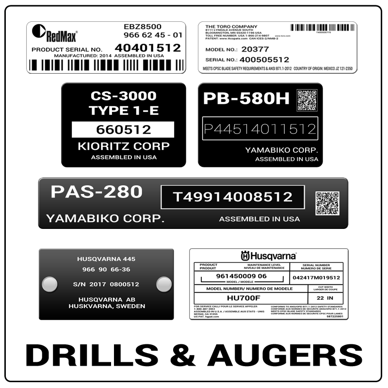 examples of what Drills & Augers model tags usually look like and a large Drills & Augers logo