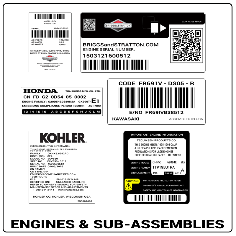 examples of what Engines & Sub-Assemblies model tags usually look like and a large Engines & Sub-Assemblies logo