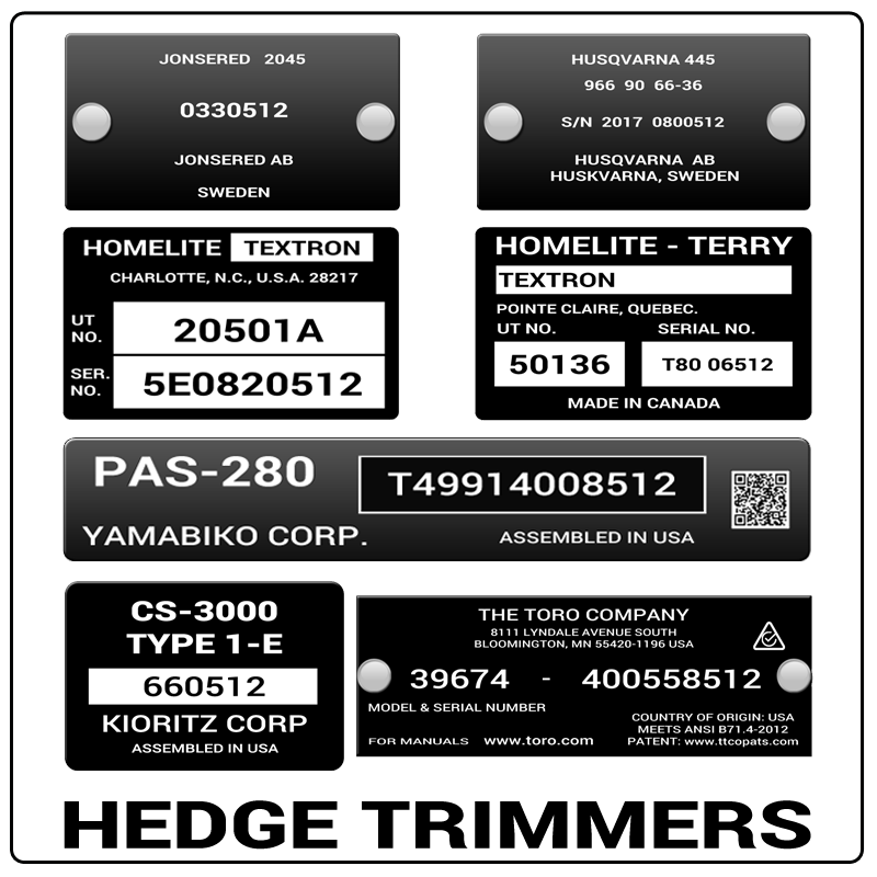 examples of what Hedge Trimmers model tags usually look like and a large Hedge Trimmers logo