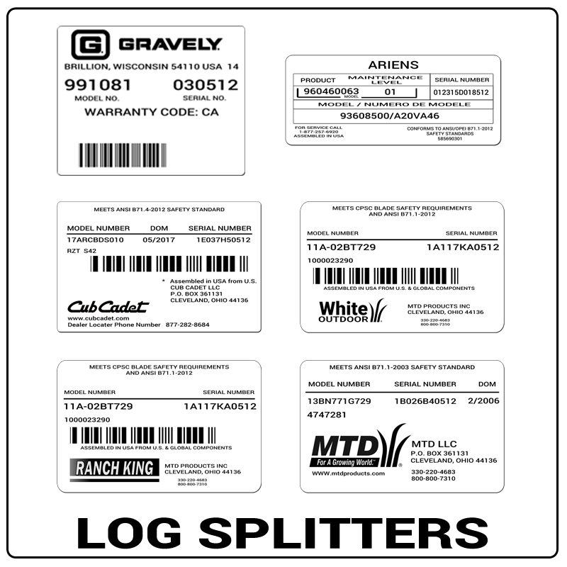 examples of what Log Splitters model tags usually look like and a large Log Splitters logo