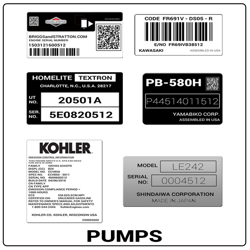 examples of what Pumps model tags usually look like and a large Pumps logo