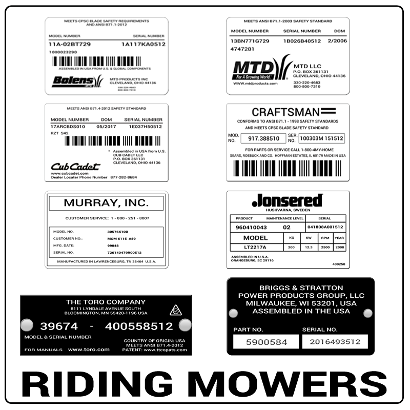 examples of what Riding Mowers model tags usually look like and a large Riding Mowers logo