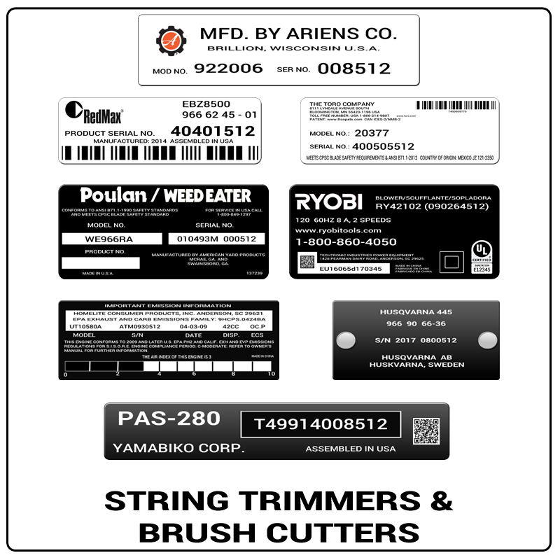examples of what String Trimmers & Brush Cutters model tags usually look like and a large String Trimmers & Brush Cutters logo