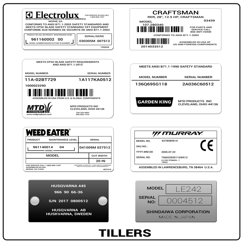 examples of what Tillers model tags usually look like and a large Tillers logo