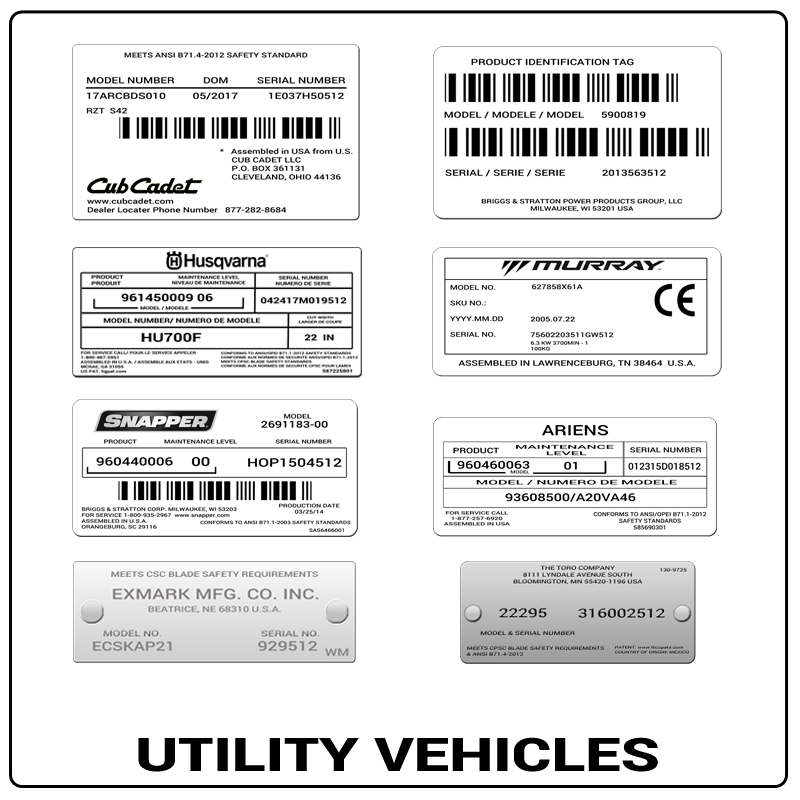 examples of what Utility Vehicles model tags usually look like and a large Utility Vehicles logo