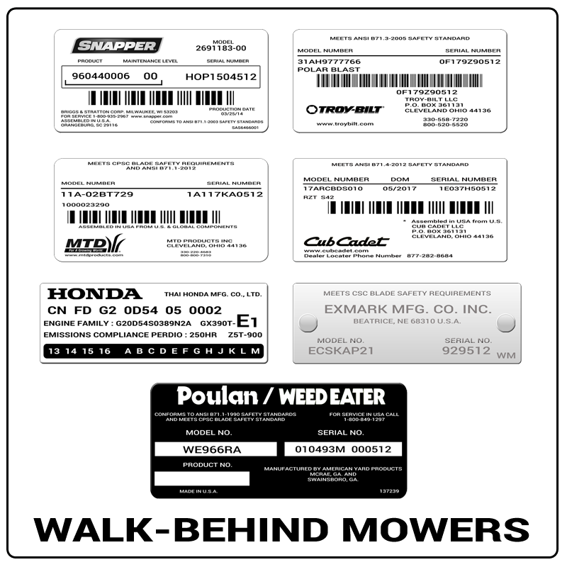 examples of what Walk-Behind Mowers model tags usually look like and a large Walk-Behind Mowers logo